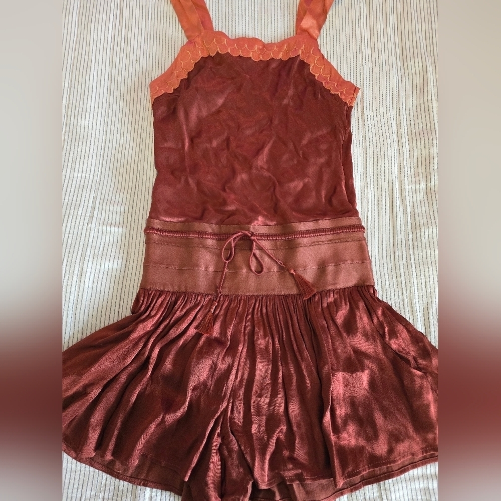 FLANNEL Australia Satin Drop Waist Romper Size 2 (US 6-8) Rust Colored MSRP $480 - Picture 2 of 10